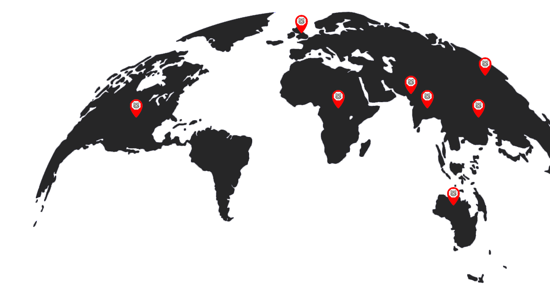 Dot 1 Innovations globe image where pins are locating our clients countries.